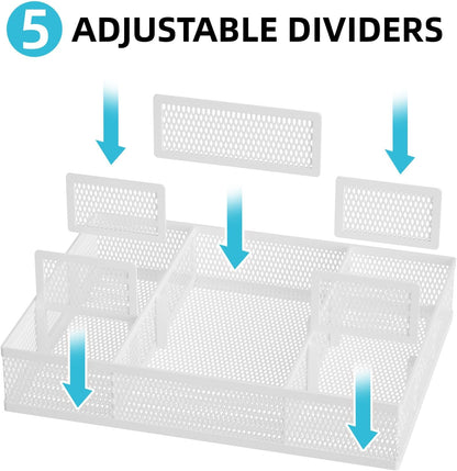 Marbrasse 2 Pack Desk Drawer Organizer, Mesh Drawer Organizer Tray with 8 Adjustable Compartments, Desk Organizers and Accessories, 5 Dividers for Office Supplies, Makeup & Vanity (White)