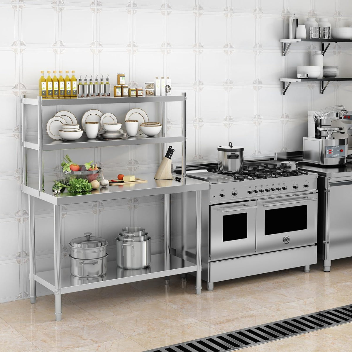 2-Tier Stainless Steel Commercial Work Table 47.2" W x 23.6" D x 31.5" H with Overshelf, Heavy Duty Kitchen Prep Table for Restaurant, Home Kitchen, Garage, Warehouse