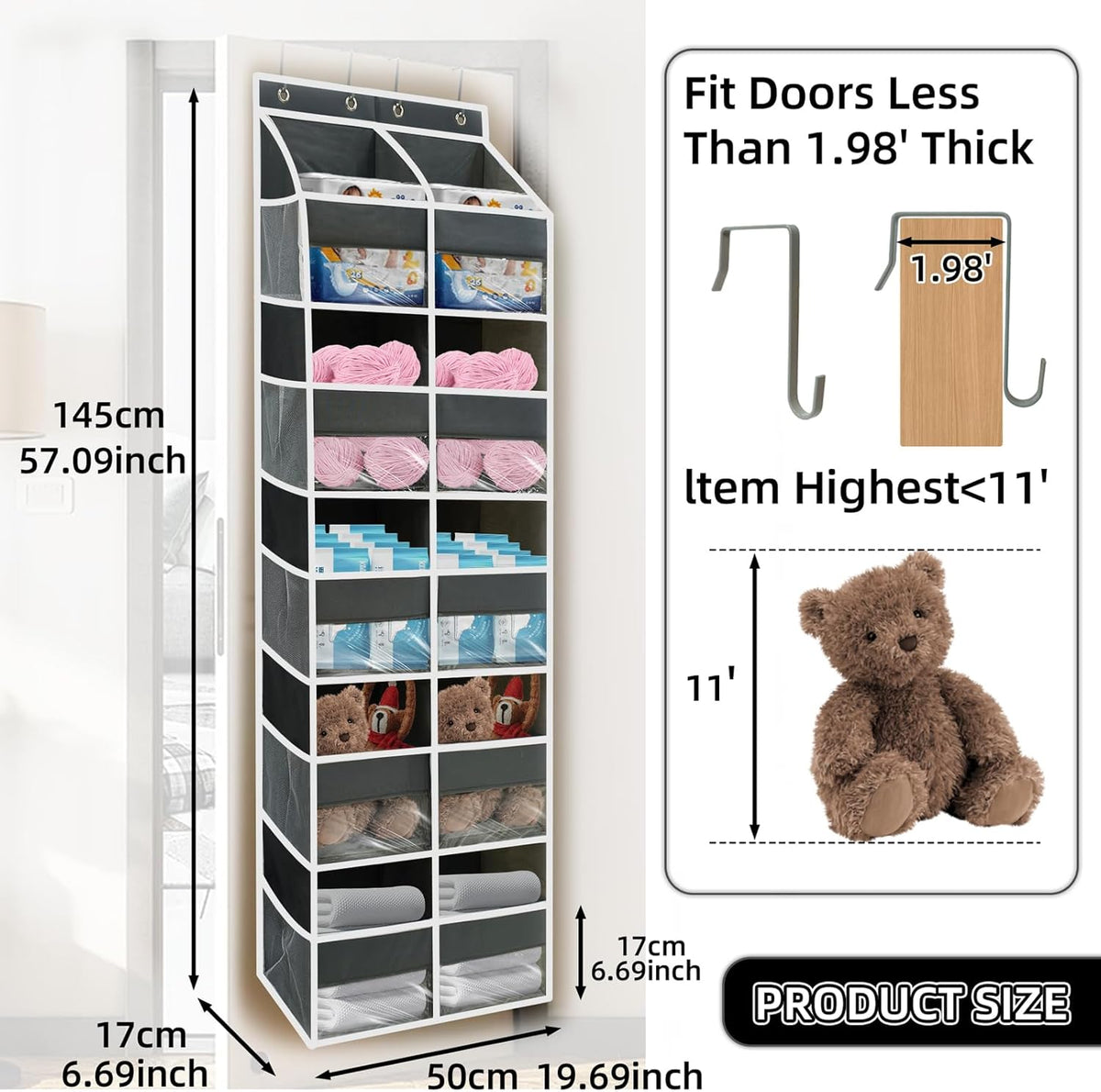 5-Tier Heavy Duty Over the Door Organizer with 10 Compartments - 600D Oxford Cloth Large Behind Door Storage for Closet, Nursery, Bedroom, Pantry, Diaper & Toy Organizer (Gray)