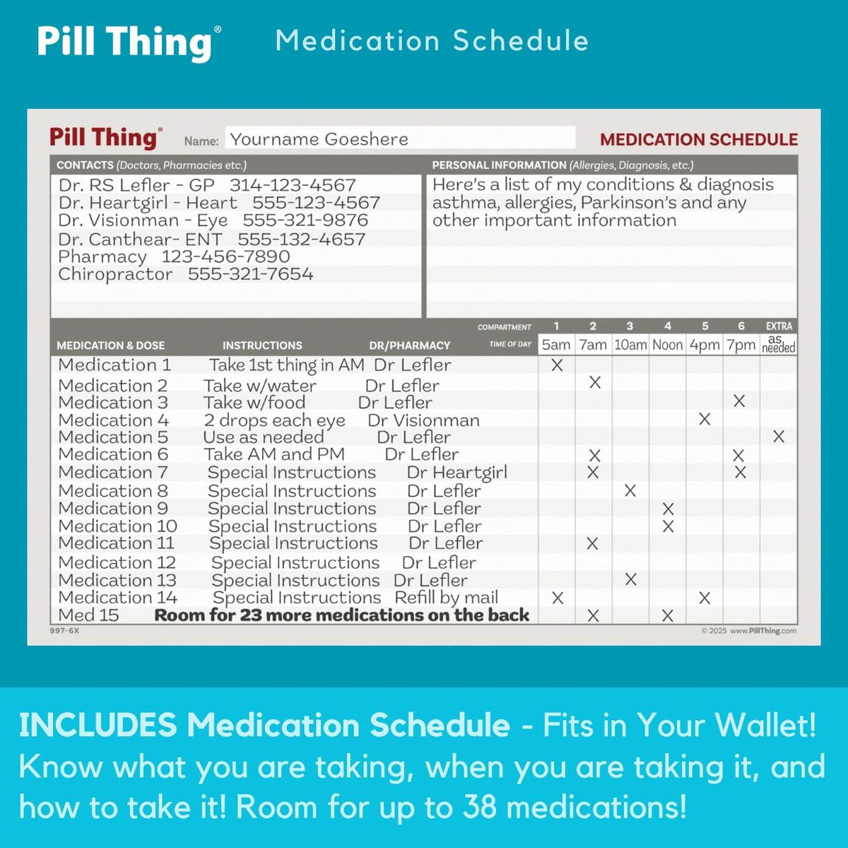 6 Times a Day Weekly Pill Box Organizer Case, Secure 7X Pillbox with Medication Schedule (6 Time-a-Day)