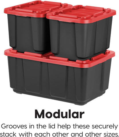 IRIS USA 27 Gallon Heavy Duty Truck Bed Toolbox Storage Tote Bins with Lids, 4 Pack - Made in USA, Tough Snap On Lockable Lid Stackable Industrial Tubs, Garage Organization Reusable Box - Red