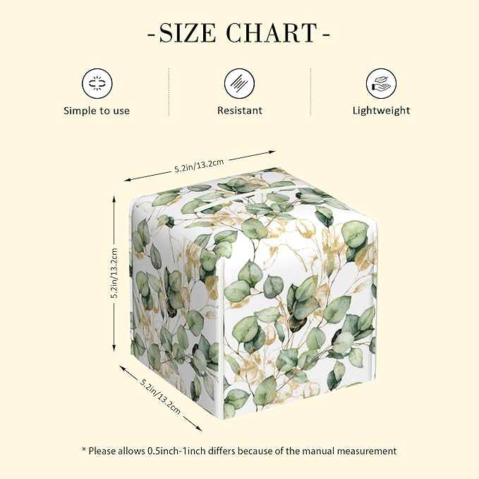 POIUBLE Leather Tissue Box Holder Gold and Green Eucalyptus Leaf Tissue Box Cover Square Waterproof Tissue Holder Organizer Modern Napkin Holder for Bedroom Dresser Night Stand Office Desk