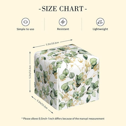 POIUBLE Leather Tissue Box Holder Gold and Green Eucalyptus Leaf Tissue Box Cover Square Waterproof Tissue Holder Organizer Modern Napkin Holder for Bedroom Dresser Night Stand Office Desk