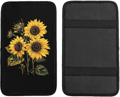 Yellow Sunflower Car Center Console Pad Cushion Cute Flower Auto Center Console Cover Protector Flowers Cars Decor Accessories Fit for Truck Vehicles SUVs, Black