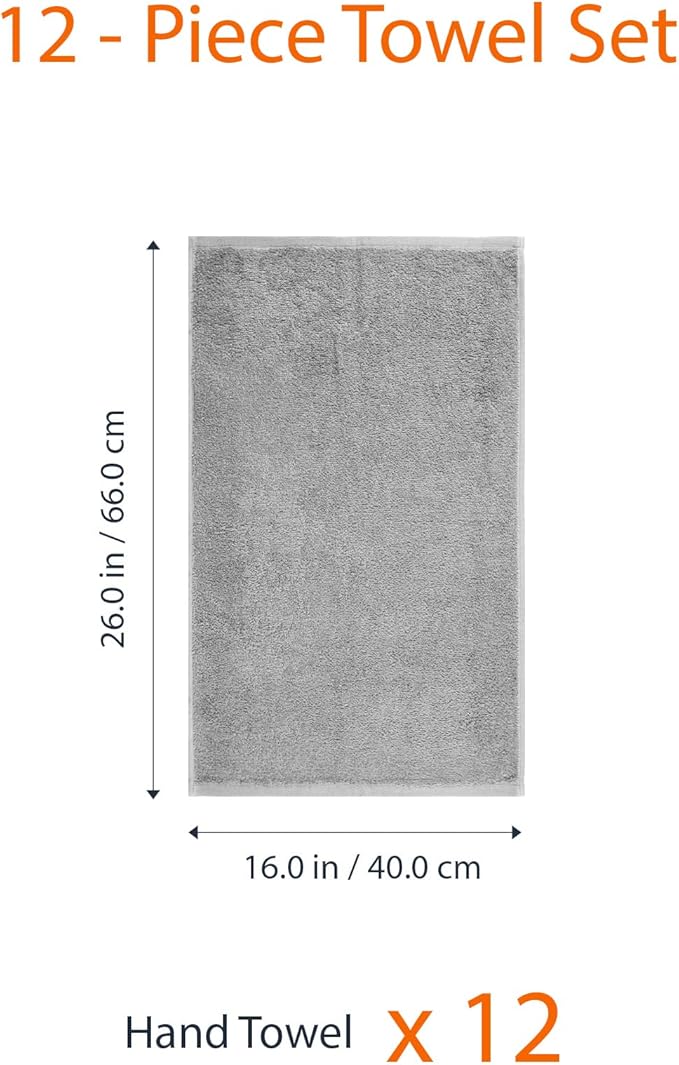 Amazon Basics Soft and Thick Cotton Hand Towels, 16" x 26", Gray, 12-Pack