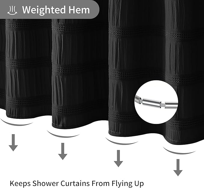 Lameirose Black Shower Curtain Boho, Cotton Blend Waffle Shower Curtain Chic Textured Fabric Shower Curtains for Bathroom, 72 x 72
