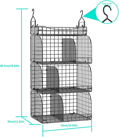 HapiRm Hanging Closet Organizer Storage - 4 Tier Metal Stackable Hanging Closet Shelves with Dividers and S Hooks, Foldable Clothes Shelves for Clothes, Pants, Shoes, Coat, Hats Clutches Accessories