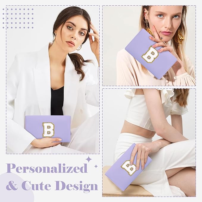Personalized Makeup Bag Initial A-Z Preppy Patch Bag,Small PU Leather Travel Cosmetic Bag Pouch with Zipper,Purple Cute Toiletry Bag,Gift Ideal for Teen Girls Women Birthday Friend Mom,Latter B