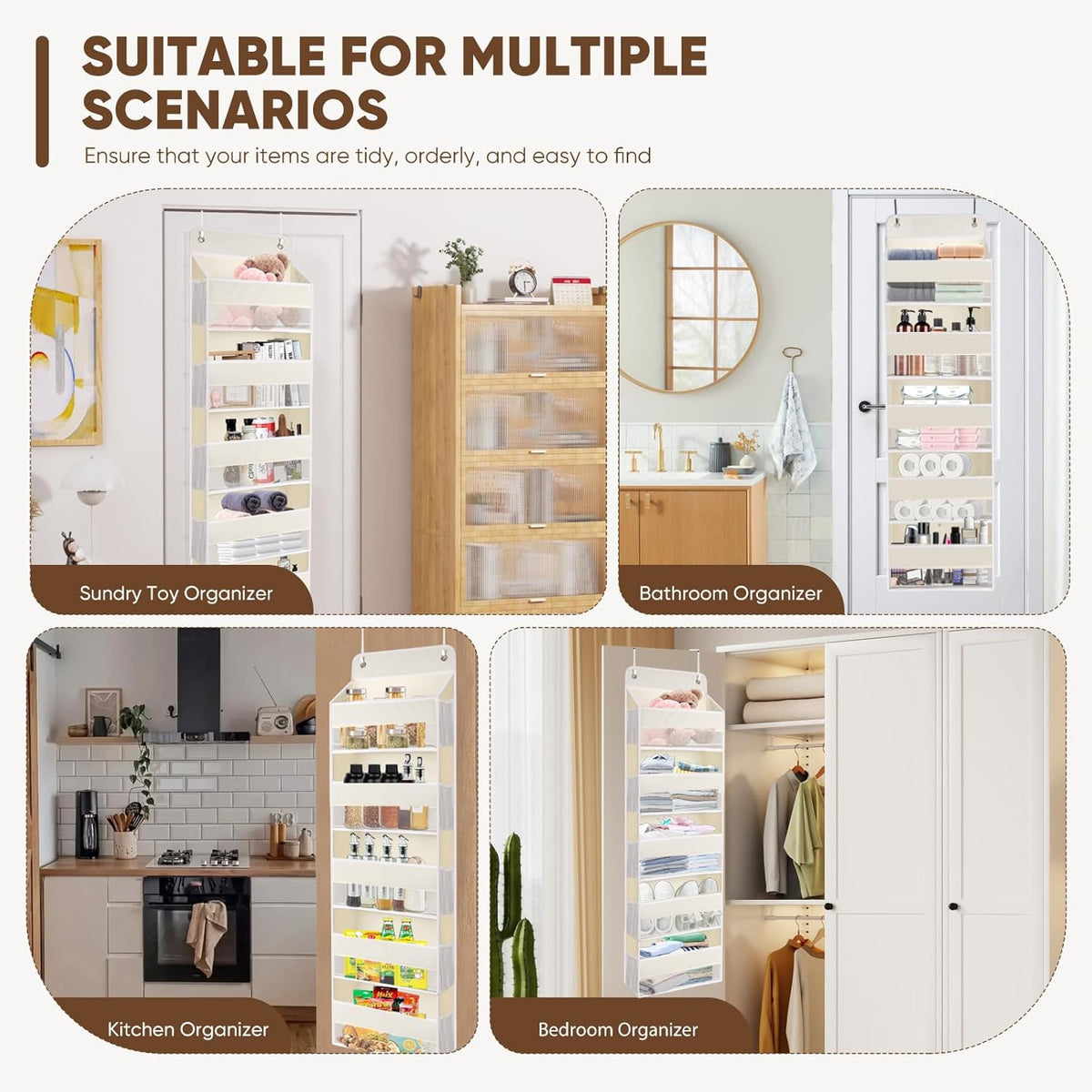 QINGUANG Over The Door Organizer,Hanging Organization and Storage, Behind Door Organizer with Side Pockets, 44 lbs Capacity,Anti Tilt, for Nursery, Bathroom, Bedroom,Dorm 5-Shelf Beige