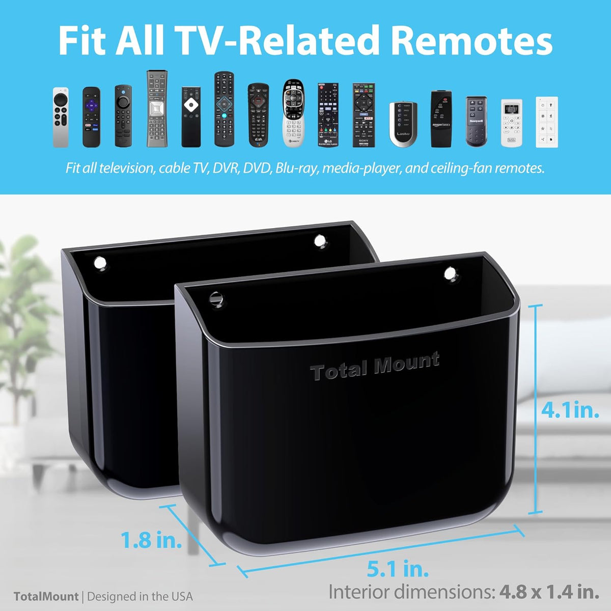 TotalMount Hole-Free Remote Holders – Eliminate Need to Drill Holes in Your Wall (For 2 or 3 Remote Controls – Black – Quantity 2)