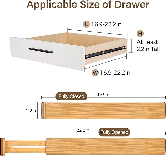 Bamboo Drawer Divider Set of 4, Adjustable Spring-Loaded Drawer Organizer (16.9"-22.2"), 2.3" Height, Suitable for Kitchen, Desk, Bathroom, Clothing, and Miscellaneous Drawer Organization, Natural