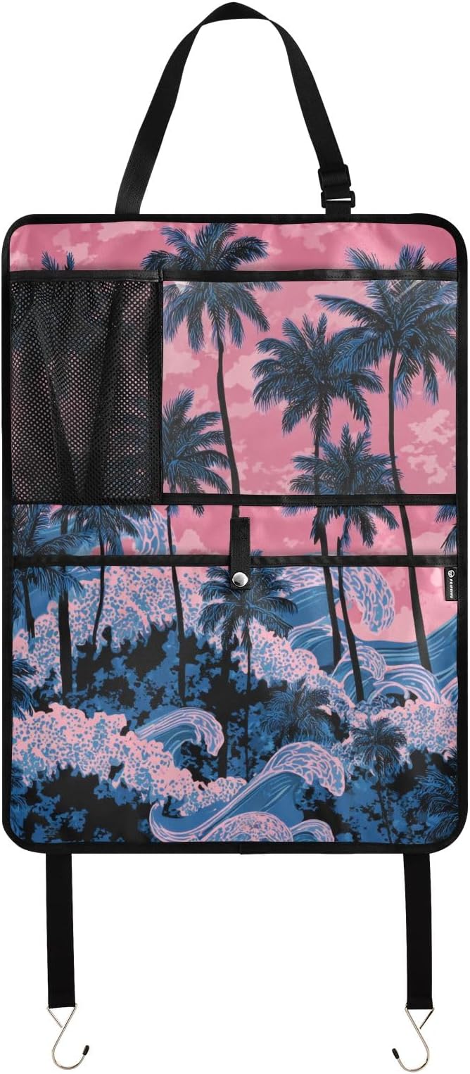1 Pack Back Seat Car Organizer with Storage Pockets Kick Mats Back Seat Protector Hanging Car Organizer Automotive Seat Back Cover Organizers Palm Tree Wave Pink
