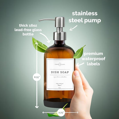 Vine Creations Amber Glass Soap Dispenser, 2 Pack Kitchen Soap Dispenser Set with Stainless Steel Pump, 16 oz Hand Soap or Dish Soap for Bathroom or Kitchen with Waterproof Labels