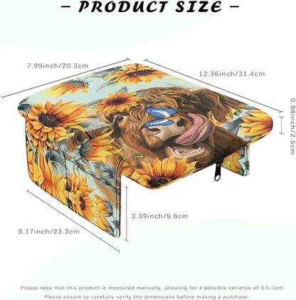 Dreaweet Sunflower Highland Cow Arm Rest Cover for Car Women Thick Center Console Cover with Pockets Soft Comfortable Car Armrest Cushion Universal Console Covers for SUV Trucks