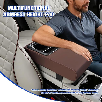 Car Center Console Armrest Pillow, Vehicle Armrest Seat Box Cushion Pad with Cup Holder & Phone Holder, Comfortable Auto Middle Console Cover, Universal for SUV RV Truck (Coffee)