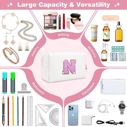 Small Initial Patch Makeup Bag Personalized Gifts Make Up Bag,White Cute PU Leather Glitter Letter Cosmetic Bag with Zipper,Trendy Portable Travel Toiletry Pouch,Preppy Stuff for Teen Girls Women N