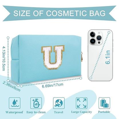 Small Personalized Initial A-Z Preppy Patch Makeup Bag,PU Chenille Letter Travel Cosmetic Pouch with Zipper,Blue Cute Toiletry Bag,Gift Ideal for Teen Girls Women Teacher Bridesmaid,Letter U
