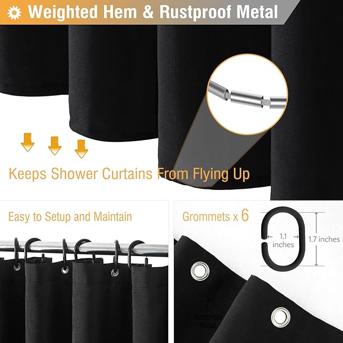 BTTN Stall Fabric Shower Curtain - 36x72 Inch Narrow Linen Textured Weighed Cloth Shower Curtain Set with 6 Plastic Hooks, Small Hotel Spa Luxury Neutral Decorative Bath Curtains for Bathroom - Black