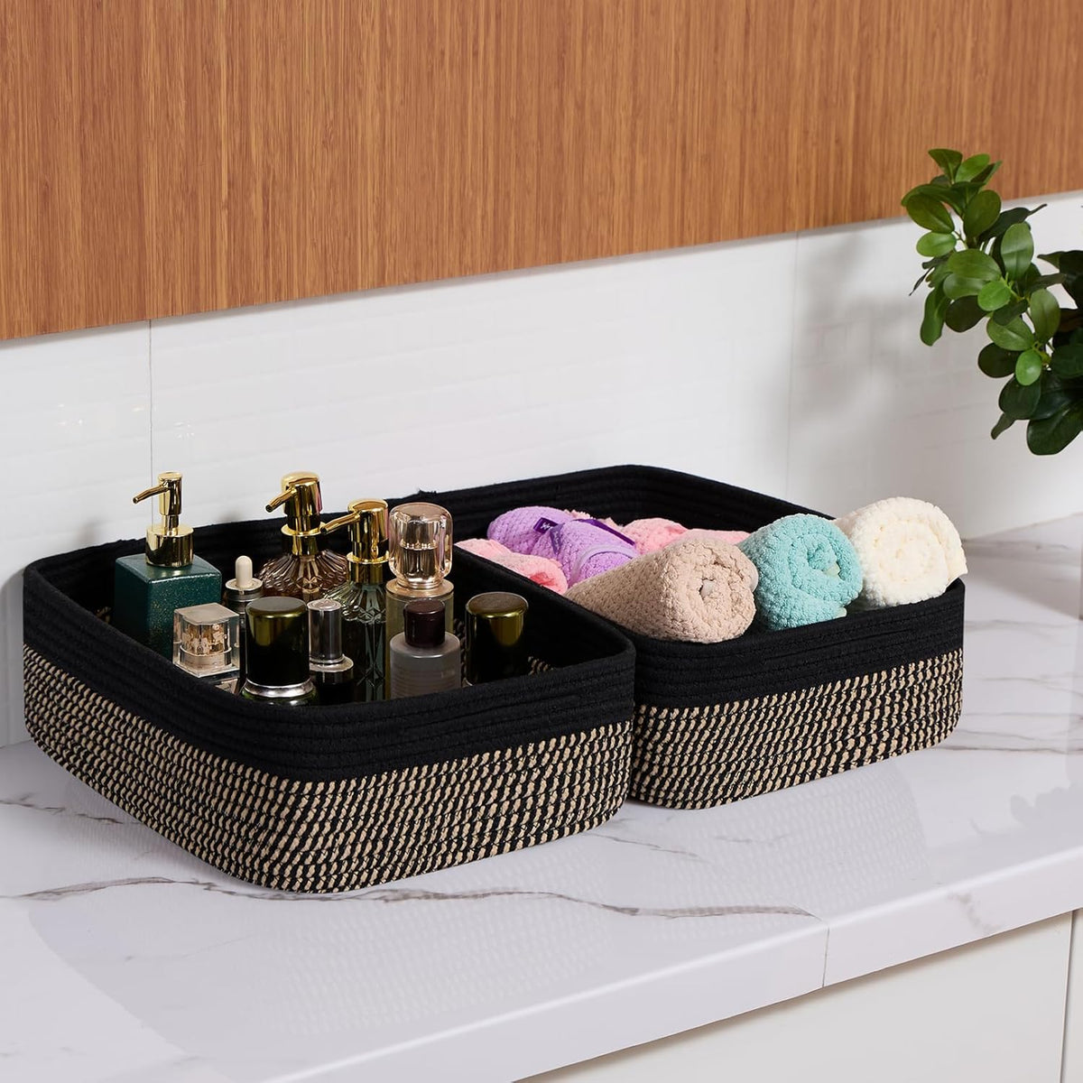Large Shallow Organizing Baskets 15x11x5.1 Inches - Rope Woven Storage Bins for Bathroom, Shelves, Cube Closet, Black Woven Brown 3 Packs