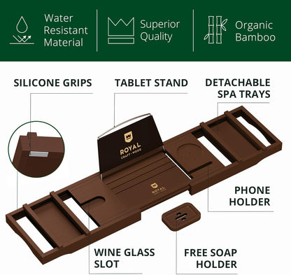 ROYAL CRAFT WOOD Non-Foldable Bathtub Tray - Wood Bath Tray for Tub, Bamboo Bathtub Shelf, Expandable Bath Table Trays, Luxury Bathroom Accessories for New Home & Unique Gift for Women