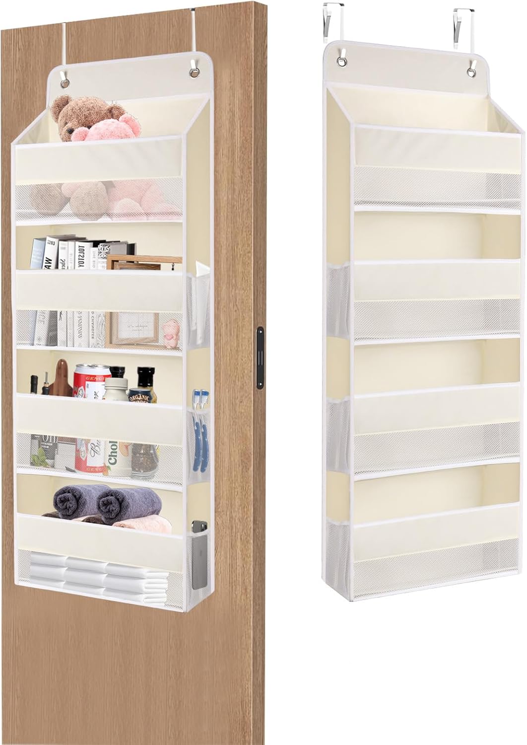 QINGUANG Over The Door Organizer,Hanging Organization and Storage, Behind Door Organizer with Side Pockets, 35 lbs Capacity,Anti Tilt, for Nursery, Bathroom, Bedroom,Dorm 4-Shelf Beige