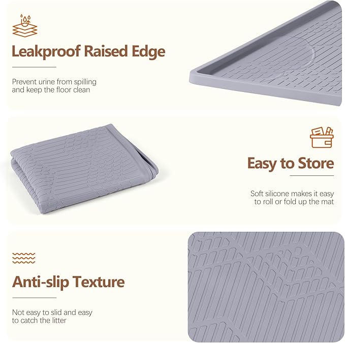 Bartuke Cat Food Mat with Toy Ball, 38'' x 25'' Extra Large Silicone Pet Feeding Mat with Raised Edge Pet Placemat for Food and Water Bowl Non-Slip, Easy to Clean, Floor Protection (Grey)