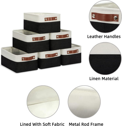 HNZIGE Small Storage Baskets (6 Pack) - Fabric Bins with Leather Handles, Foldable for Organizing (Black&White, 11.8" x 7.8" x 5.1")