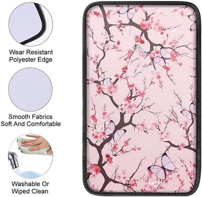Pink Cherry Blossom Thin Car Armrest Pads Auto Armrest Box Cover Comfortable Middle Storage Organizer Pad Universal Style Car Accessories Decor