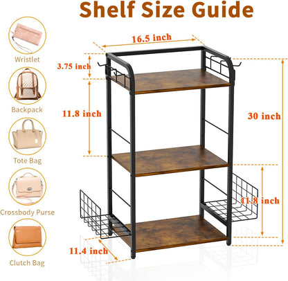 Iron & Wood Floor-Standing 3-Tier Purse Rack with Adjustable Feet, High-Capacity Bag Organizer for Closet, Patent Pending