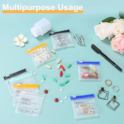 Serfeymi 48 Pcs Pill Pouch Bags for Travel Reusable Plastic Bags 3x3 Inch 12 mil (Double Sided) Translucent Zippered Pill Pouches for Medicine with Slide Lock & Writable Label, 1 Pc Marker-Black+White