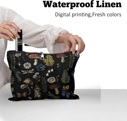 Cafl Vintage Woodland Makeup Bag Travel Large Mushroom Fern Cosmetic Bag Organizer toiletry Essentials Jewelry Skincare Zipper Bag For Women -10×8 inch