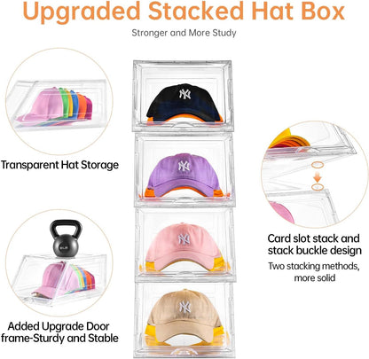 2 Pack Hat Organizer for Baseball Caps,Large Clear Cap Organizer with Drawer,Hats Holder Box for Closet with Sliding Tray,Stackable Hat Rack Display Case,Multi-use Hat Case for Caps,Each Holds 12 Hats