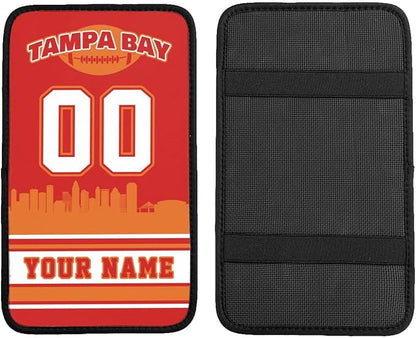 Custom Tampa Bay Car Armrest Covers Personalized Football Style with Name Number Customized Auto Center Console Pad Car Handrail Box Cushion for Most Vehicle Decor Accessories, Fans Gift