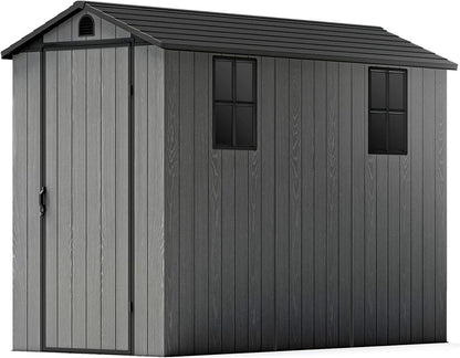 Patiowell 4x8 FT Outdoor Storage Shed with Floor & Windows, Lockable Resin Tool Shed for Garden, Backyard, Patio, and Lawn Equipment - Easy Assembly, All-Weather Protection, Gray (Fit-it Shed)