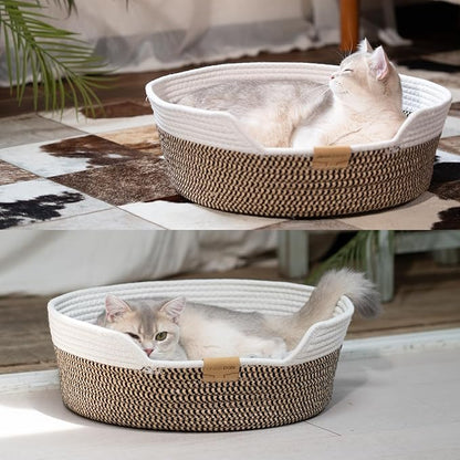CHEERHOME PETS Cat Bed Basket with Cushion, Cute Pet Bed for Indoor Cats Couch, Kitten Bed for Medium and Large Cat, All Season Universal (Brown)
