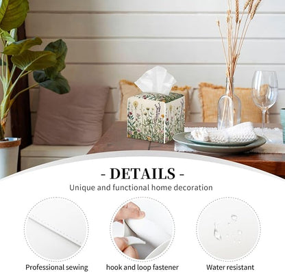 Vintage Dandelion Herbs Tissue Box Cover Spring Summer Wild Flowers Florals Square Leather Tissue Holder Decorative Facial Tissue Cube Paper Cover Case Organizer for Bathroom Night Stands Desk Home