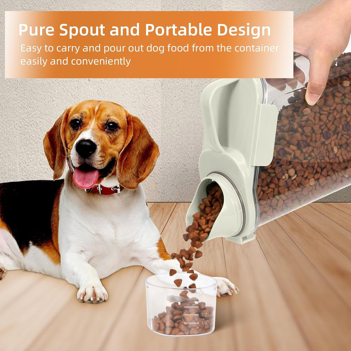 3-5 LBS Cat Dog Food Storage Container Upgraded Large Nozzle BPA-free, Plastic Pet Food Storage Containers With 4 Sealed Clasps, 1 Measuring Cup and With Folding Bowl (Beige 1Pack)