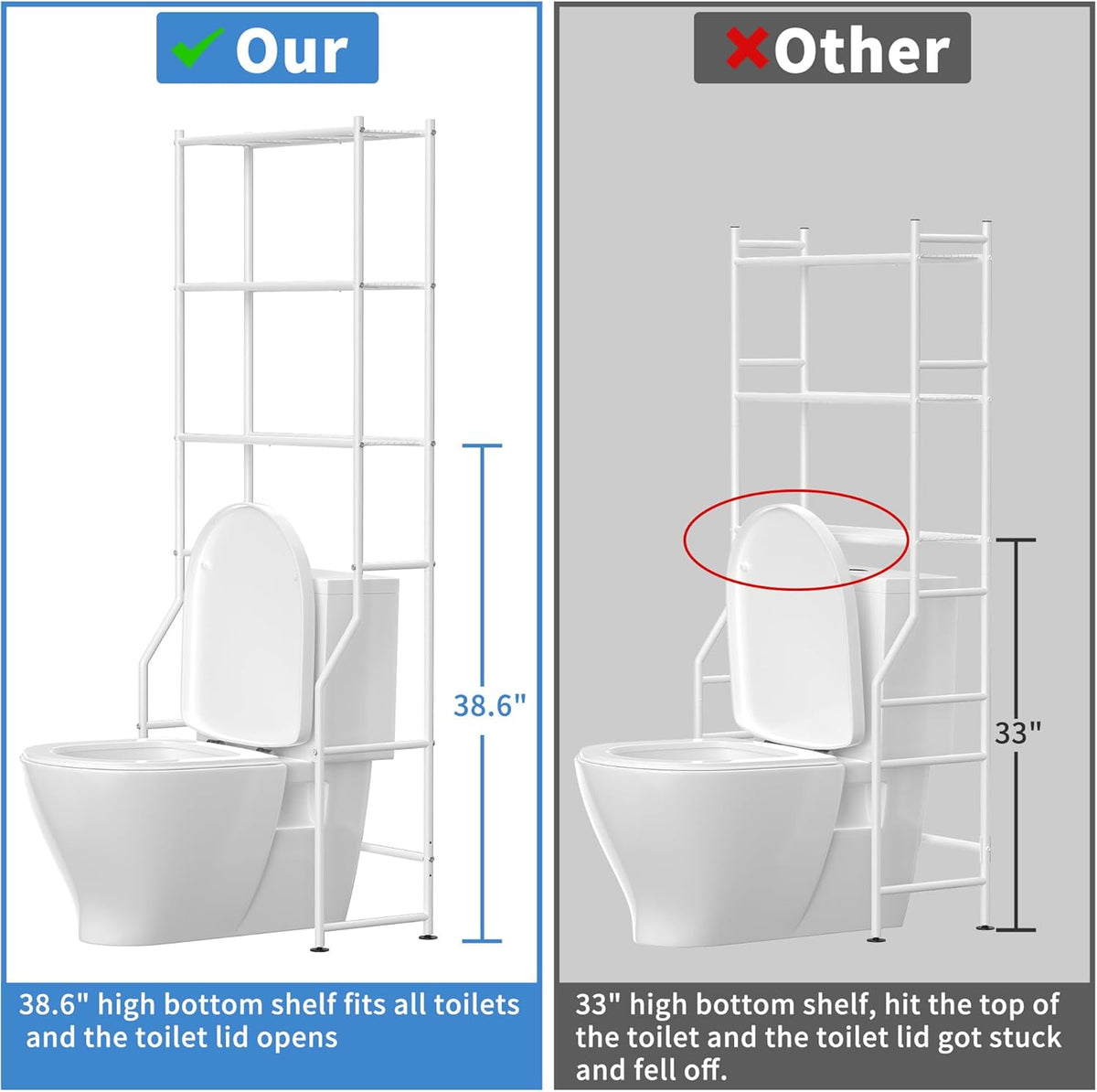 3-Tier Over The Toilet Storage, Freestanding Metal Bathroom Shelves, Space Saver Above The Over Toilet Storage Shelf for Bathroom (White)