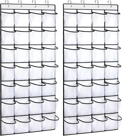 REGELETO 2 Pack 28 Pocket Over the Door Shoe Organizer, Hanging Shoe Rack for Door Large Capacity Shoe Organizer Holder with 4 Metal Hooks (White-2Pack)