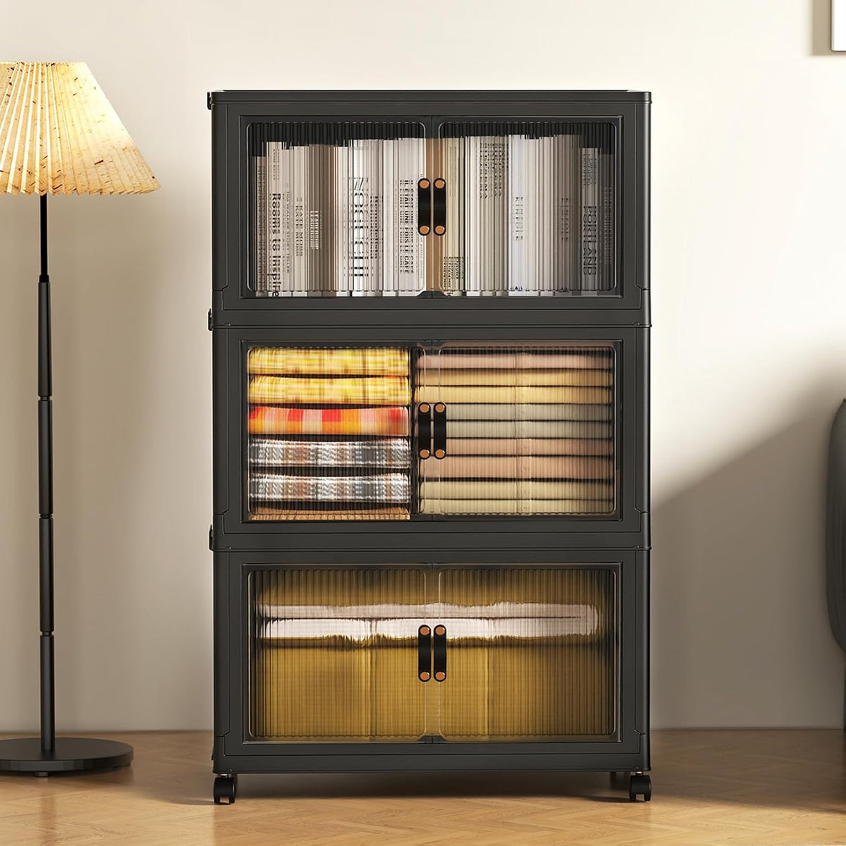 SAILUN 95Gal/381Qt Stackable Storage Bins Folding Collapsible Storage Bins with Lid, Closet Organizers and Storage Box with Door Black 28" W x 17" D x 46" H