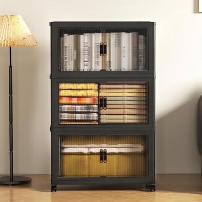 SAILUN 95Gal/381Qt Stackable Storage Bins Folding Collapsible Storage Bins with Lid, Closet Organizers and Storage Box with Door Black 28" W x 17" D x 46" H