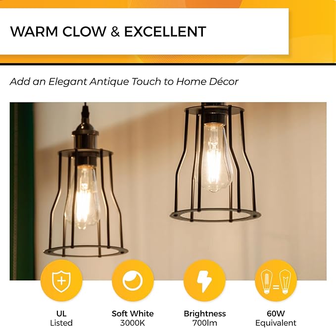 Hizashi Led Edison Bulbs Dimmable, 6W Equivalent 60W, 3000k Soft White