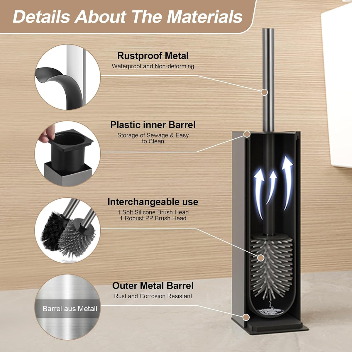 BGL Standing Toilet Brush and Holder GunGrey Aluminium Toilet Bowl Cleaner Brush and Holder for Bathroom Storage and Organization, Square Design Sturdy and Space Saving