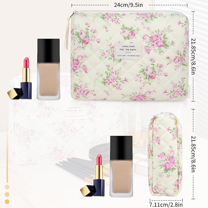 Floral Makeup Bag, Small Cosmetic Bag for Women Girls, Cute Cotton Makeup Bag, Quilted Makeup Bags, Flower Travel Toiletry Organizer Bag(Pink Flower)
