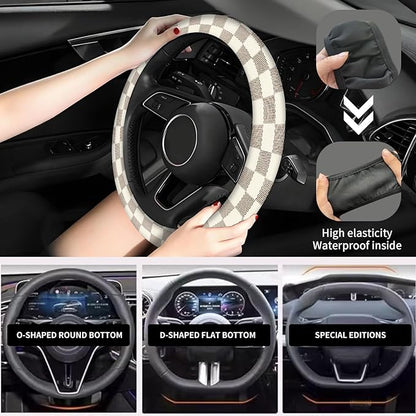 Elastic Car Steering Wheel Cover, Universal 15 inch Non-Slip Breathable Neoprene Steering Wheel Protector, Car Accessories for Women Men Fit Auto, Suvs, Truck Beige Checkerboard