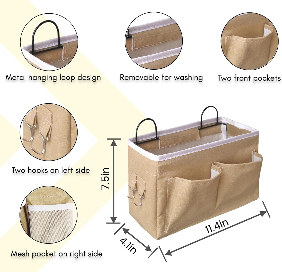 3pcs Middle Wall Hanging Organizer Bag, Linen Fabric Door Hanging Storage Basket with Pockets, Waterproof Bin for Kitchen, Bedroom, Office, RV Camper (Khaki)