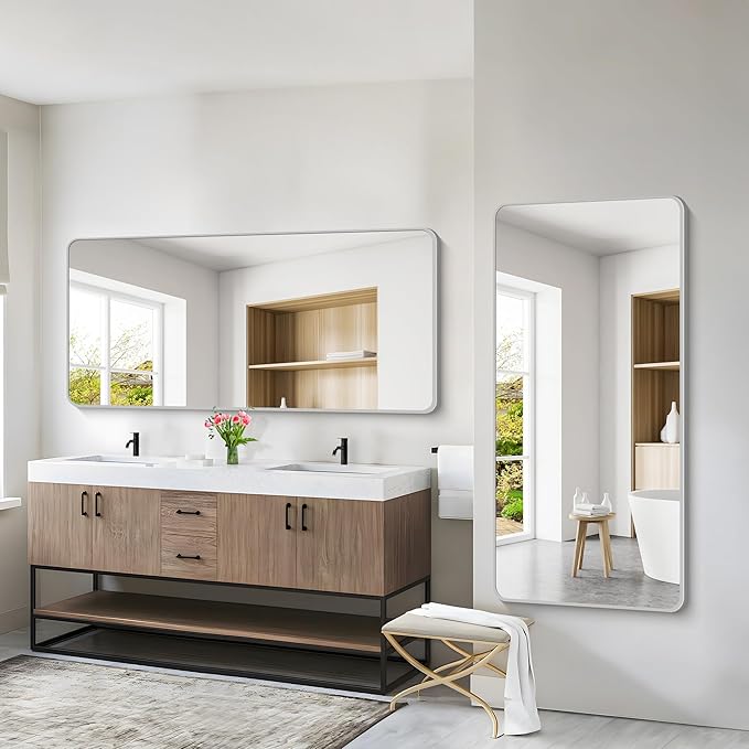30x60 Inch Silver Bathroom Mirror, Large Rectangular Vanity Mirror, Metal