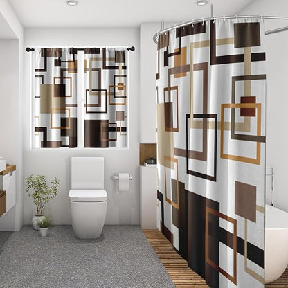Culudea Geometric Vintage Brown Shower Curtain Set, Abstract Modern Line Bathroom Window Waterproof Shower Curtain Set for Bathroom Decor
