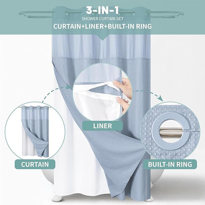 eachope ForstBlue No Hook Waffle Weave Shower Curtain with snap-in Liner Replacement, 230GSM Waterproof Fabric Hotel Shower Curtain Set for Bathroom, Through Mesh Top Window,54Wx80H