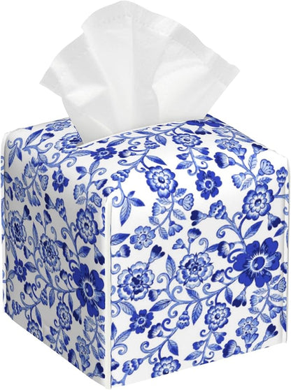 OHEGBXE Tissue Box Holder Watercolor Blue Flowers Square Leather Tissue Box Cover Modern Cube Facial Paper Cover Case for Bathroom Vanity Countertop Night Stands Tabletop